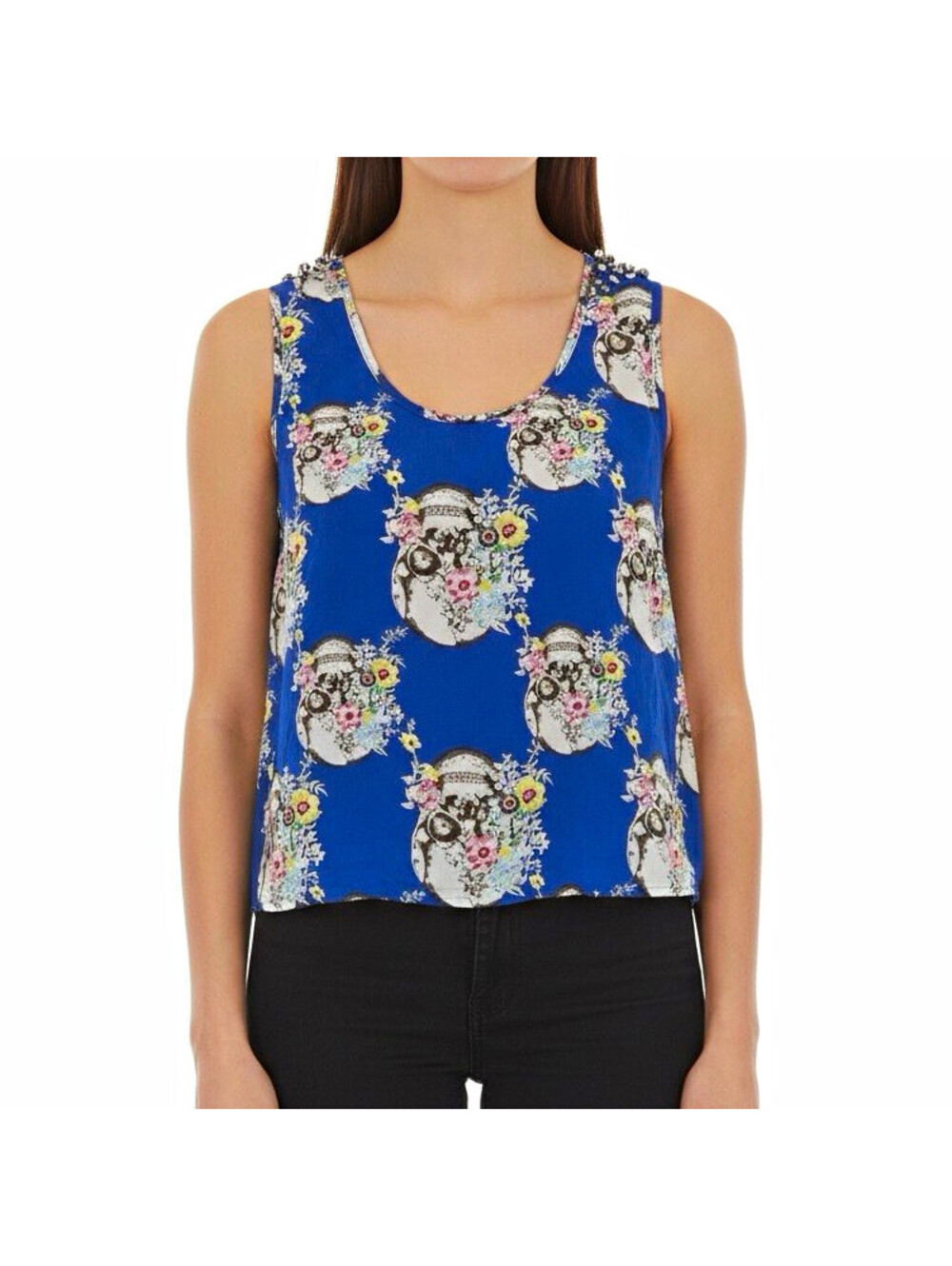 Aeverse Blue Skull Print Studded Scoop Neck Sleeveless Tank Top M (2982)